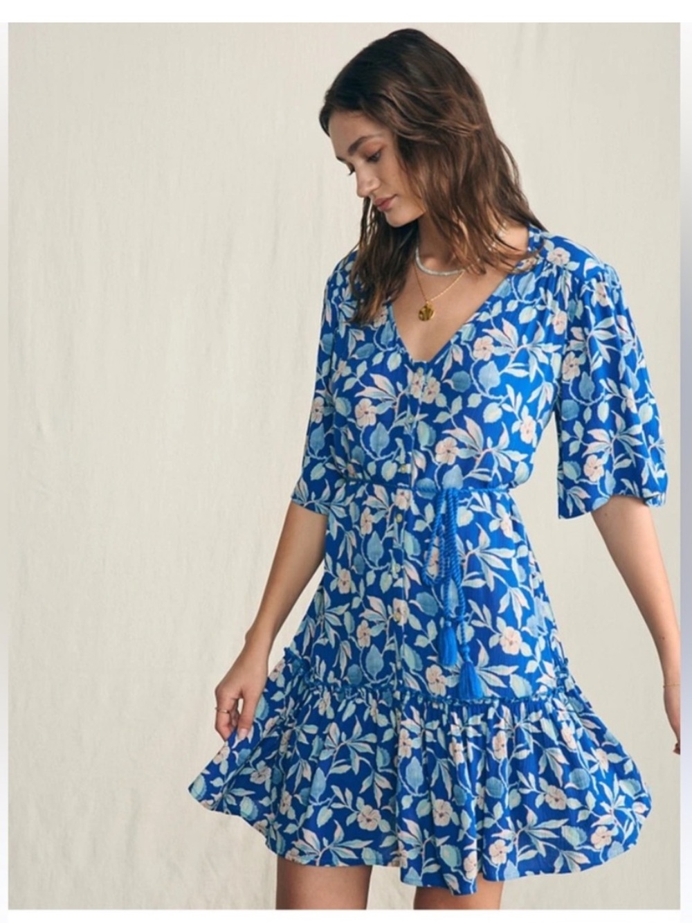 Faherty Orinda Tie Waist Button-Up Crepe Cottagecore Ruffle Hem Mini Dress M